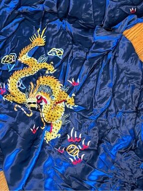 Embroidered Dragon Satin Kimono - Navy Blue 100% Silk XL No Belt
